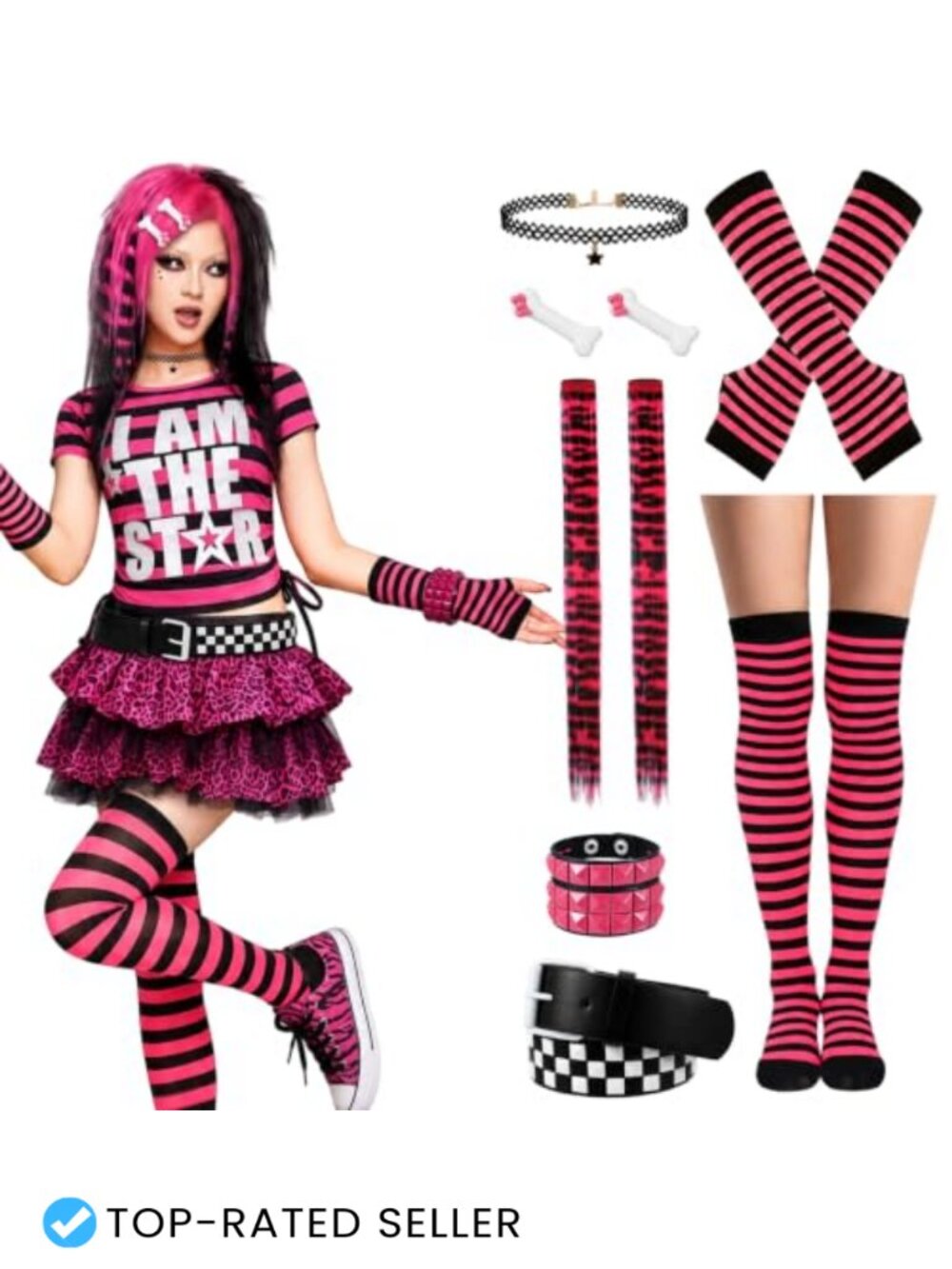 Emo Scene Accessory Set Striped Knee High Socks Arm Warmers Belt Choker